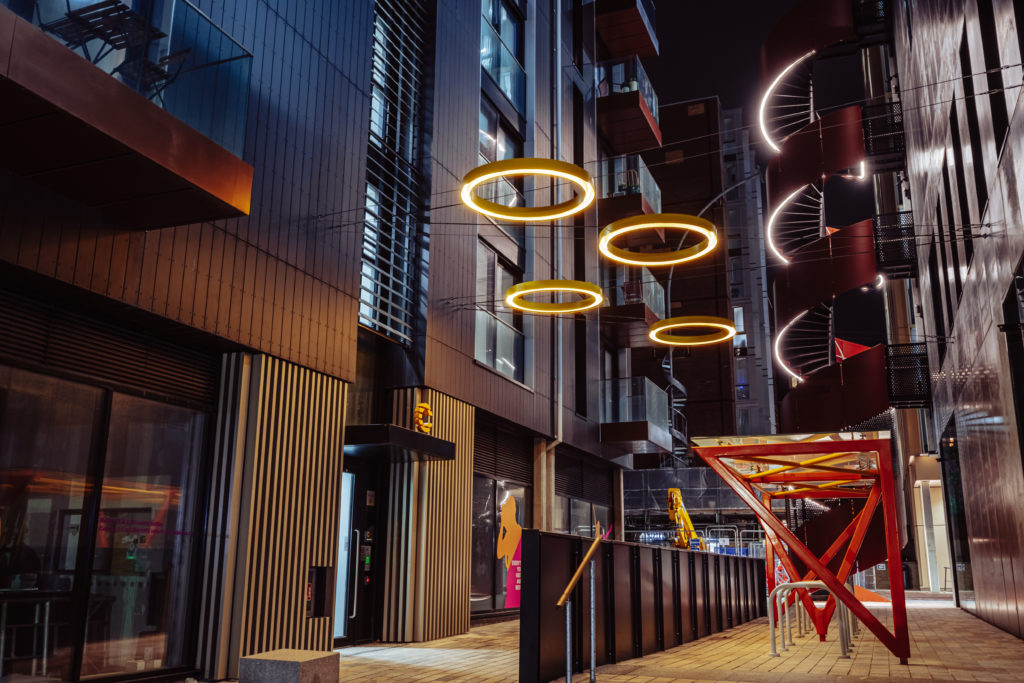 The Circus Street Development features a bespoke lighting strategy from Michael Grubb Studio, integrating architecture and landscape design to create a visual and sustainable public realm