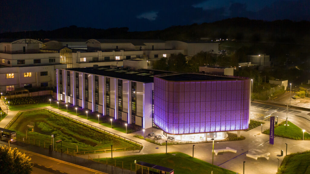 Innovative exterior lighting design from Michael Grubb Studio that enhances Hi Tech & Digital Centre, a hub supporting the region's hi-tech and creative sectors.