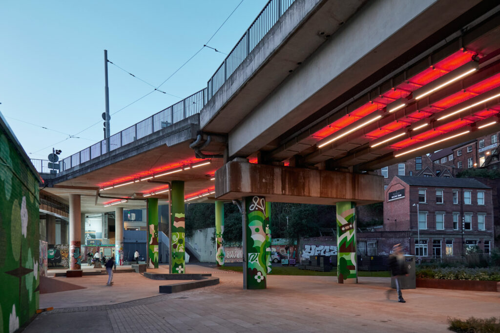 lighting design for public realm space in Broad Marsh on Sussex Street in Nottingham