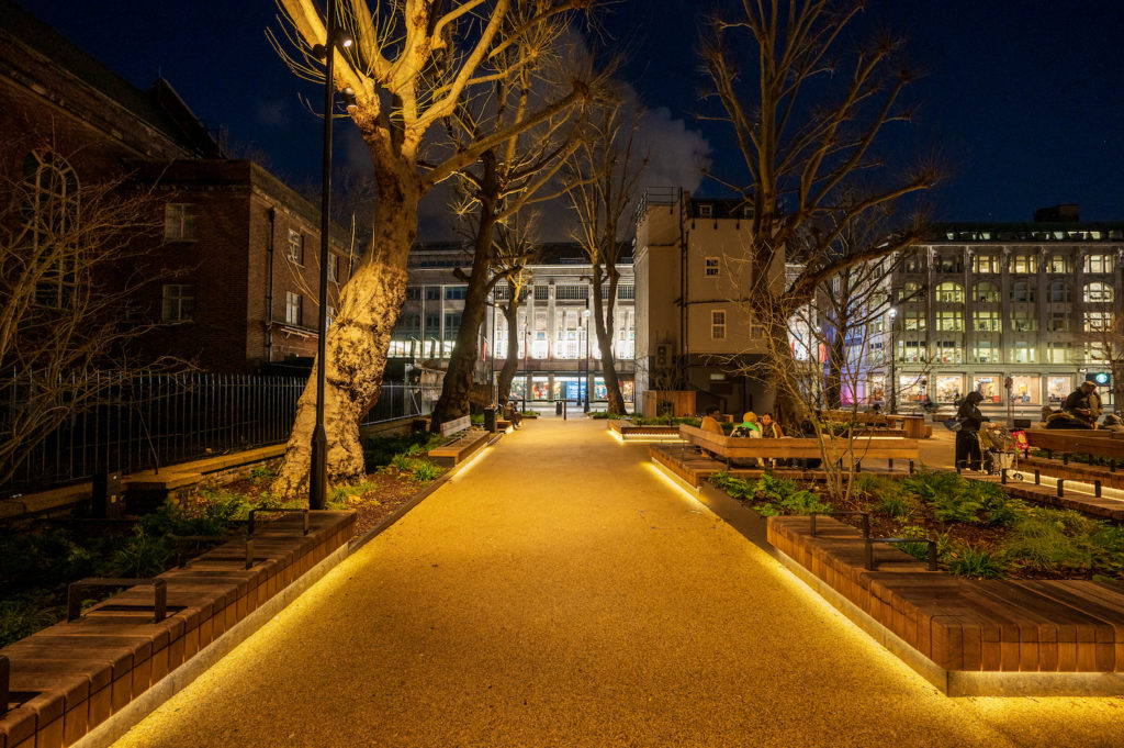 Lighting design by Michael Grubb Studio for Whitfield Gardens in Camden, London