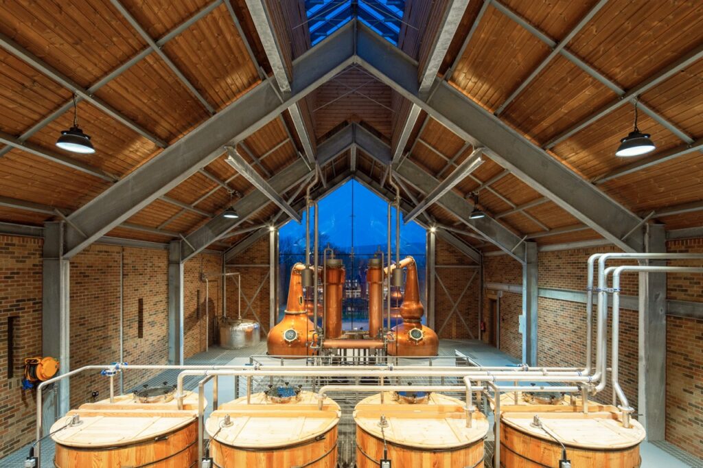 Ad Gefrin Distillery in Wooler UK, interior lighting design by award-winning lighting design studio, Michael Grubb Studio