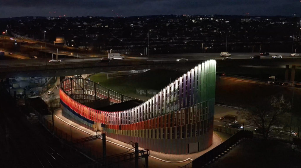 Lighting design enhances the Brent Cross Town substation, creating a seamless balance between visibility and subtlety while supporting a sustainable urban lighting strategy