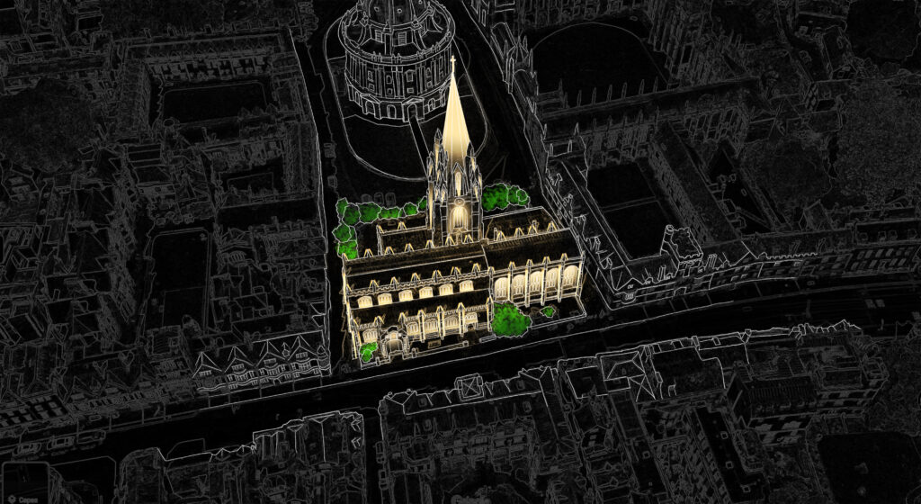 Nighttime image of Oxford city centre showcasing Michael Grubb Studio’s lighting masterplan. The architectural lighting strategy highlights spires, towers, and historic facades with warm, sustainable lighting. This urban lighting project enhances Oxford’s skyline and public realm, demonstrating expert lighting design, masterplanning and sensitive integration within a heritage setting.
