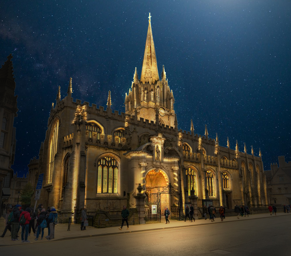 A nighttime view of Oxford city centre showing key architectural landmarks softly illuminated by the new urban lighting strategy. Spires, towers and facades glow with warm white lighting, enhancing the city’s historic character while improving wayfinding and public safety. Designed by Michael Grubb Studio, the lighting scheme balances heritage preservation with modern sustainability in a landmark architectural lighting project.