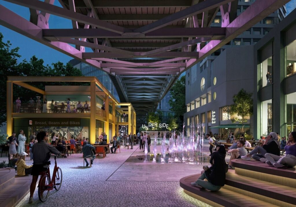 Sustainable lighting strategy at 980 Great West Road London integrating reuse of existing structures with placemaking and ecological protection from award-winning lighting design consultancy Michael Grubb Studio