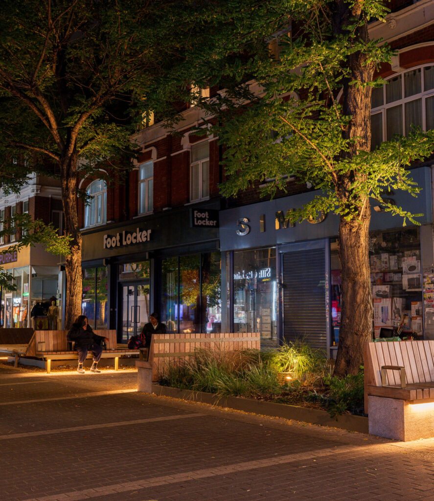 Lighting design for public spaces enhancing community activity and safety in urban regeneration projects across London and the UK.”