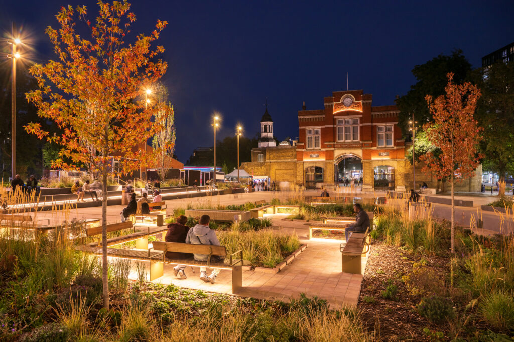 Architectural lighting for public squares and streetscapes demonstrating best practice in town centre regeneration and placemaking.